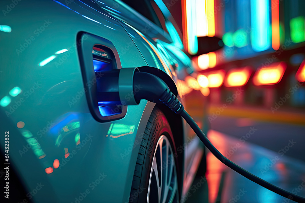 Electric car charging at night, close-up Electric car charging at night, close-up