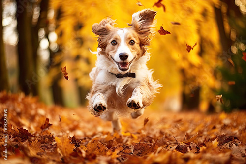 Photographie Happy dog running in autumn park