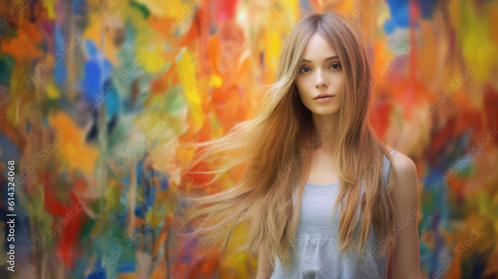 Beautiful skinny young woman blur soft colorful background. AI generation Beautiful skinny young woman blur soft colorful background. AI generation