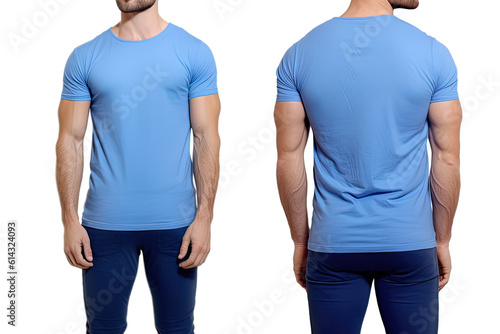 Photo realistic male blue t-shirts with copy space, front, and back view