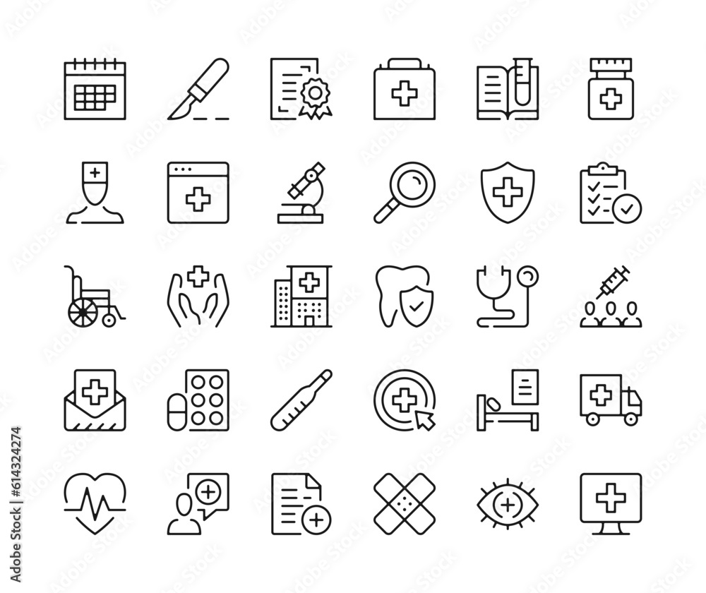 Fototapeta premium Medicine icons. Vector line icons set. Healthcare, pharmacy, treatment, hospital, medical concepts. Black outline stroke symbols