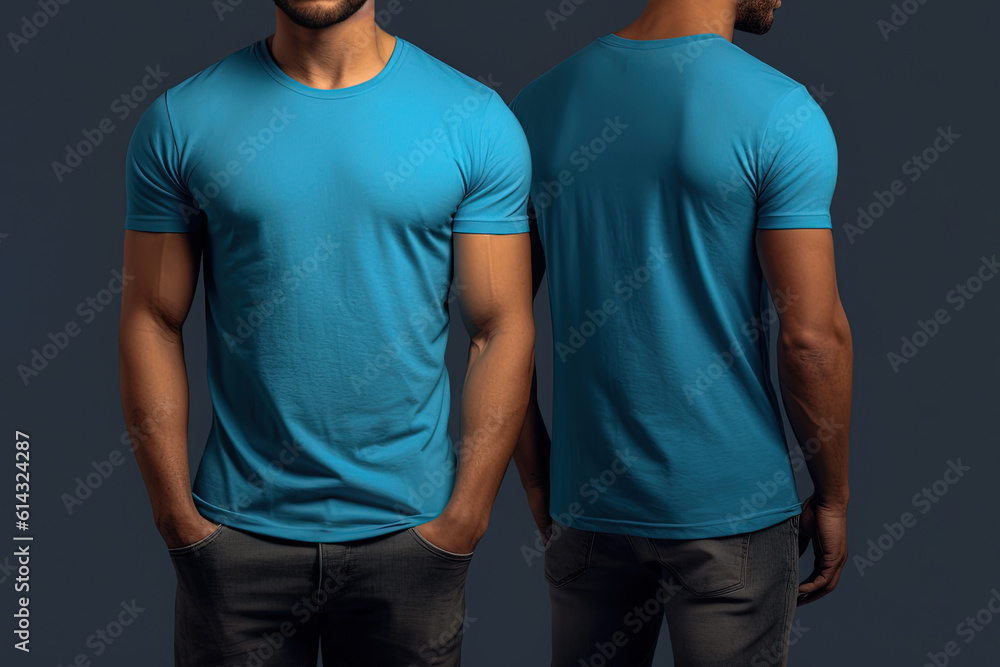 Photo realistic male blue t-shirts with copy space, front, and back view Photo realistic male blue t-shirts with copy space, front, and back view