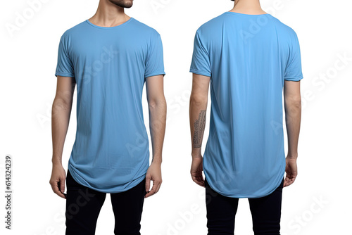 Photo realistic male blue t-shirts with copy space, front, and back view