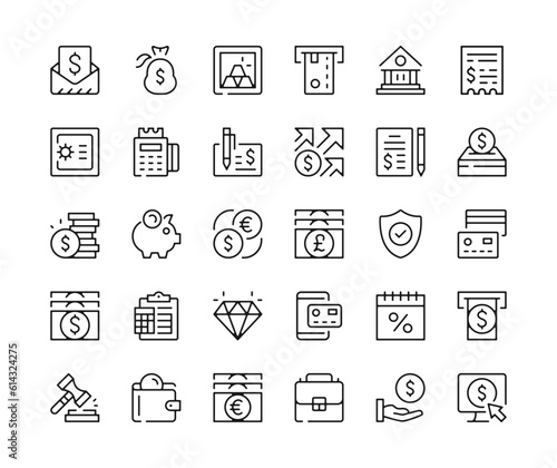 Banking icons. Vector line icons set. Money, investment, finance, bank concepts. Black outline stroke symbols