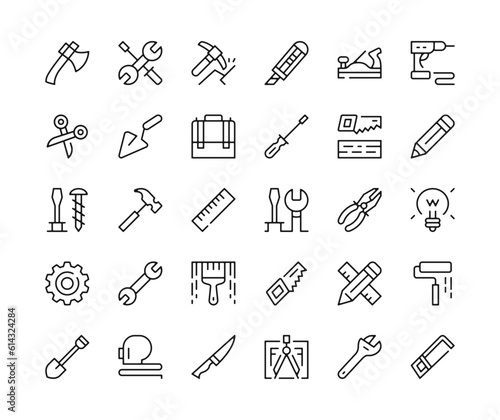 Work tools icons. Vector line icons set. Repair equipment, precision tools concepts. Black outline stroke symbols