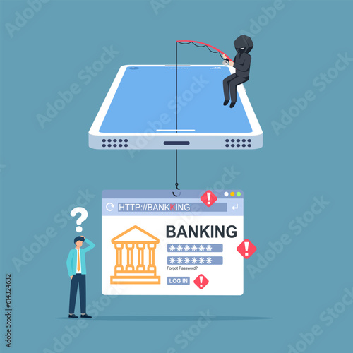Phishing by email. hacker attacks a Laptop with a fake website. fraud scam and steal private data on devices. vector illustration flat design for cyber security awareness concept.