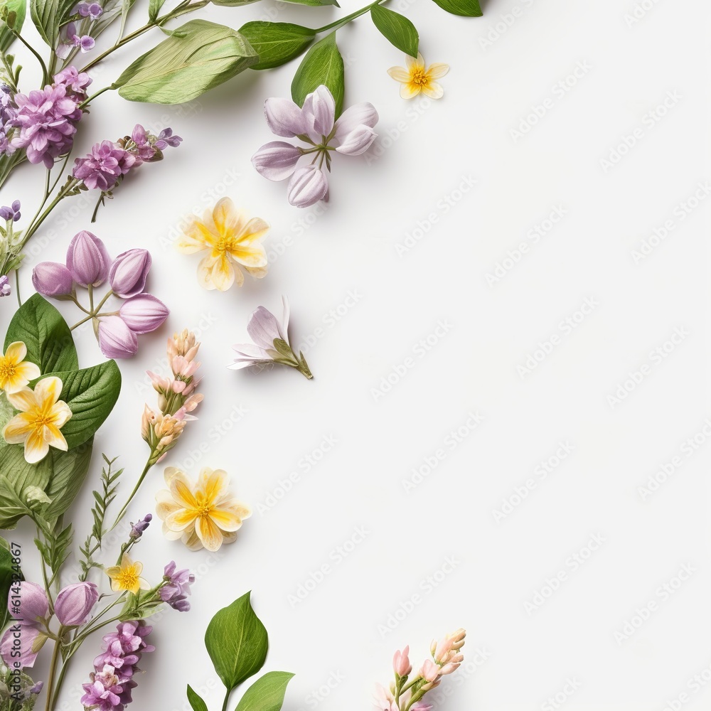 Beautiful composition of spring flowers and leaves on white background with copy space. generative Ai