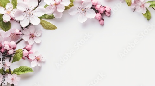 Beautiful composition of spring flowers and leaves on white background with copy space. generative Ai