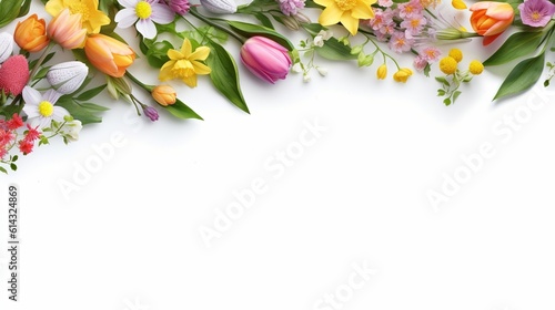 Beautiful composition of spring flowers and leaves on white background with copy space. generative Ai photo