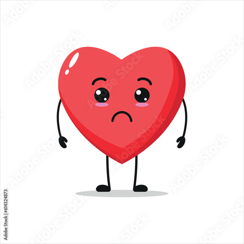 Gloomy heart character. Funny miserable heart with hand cartoon emoticon in flat style.