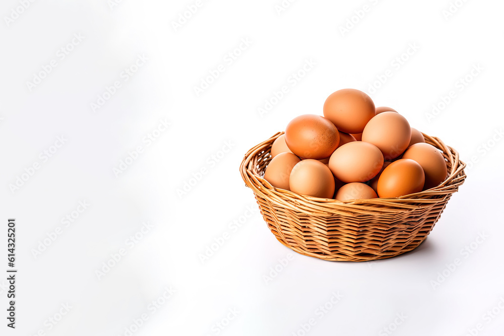 Eggs in basket isolated on white background with copy space Eggs in basket isolated on white background with copy space