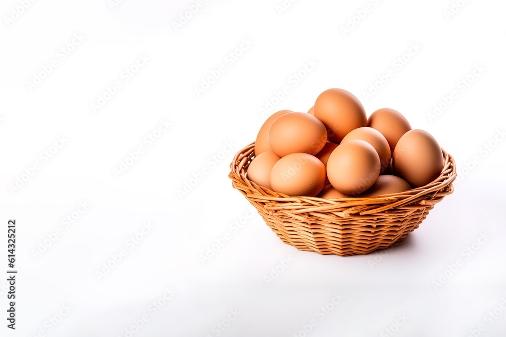Eggs in basket isolated on white background with copy space Eggs in basket isolated on white background with copy space