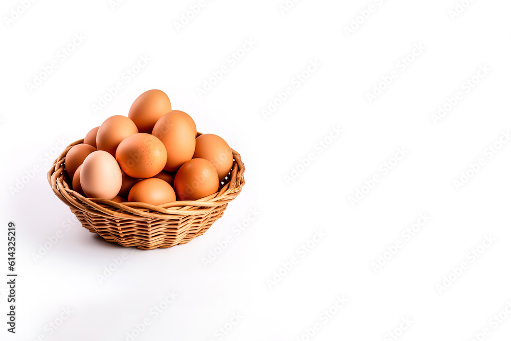Eggs in basket isolated on white background with copy space Eggs in basket isolated on white background with copy space