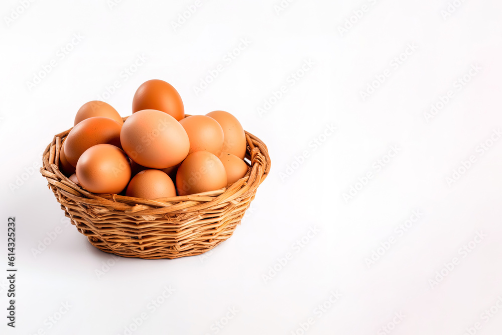 Eggs in basket isolated on white background with copy space Eggs in basket isolated on white background with copy space