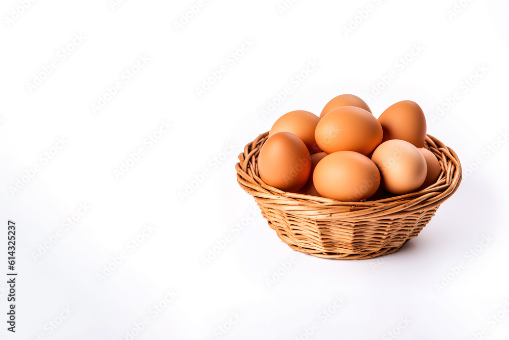 Eggs in basket isolated on white background with copy space Eggs in basket isolated on white background with copy space