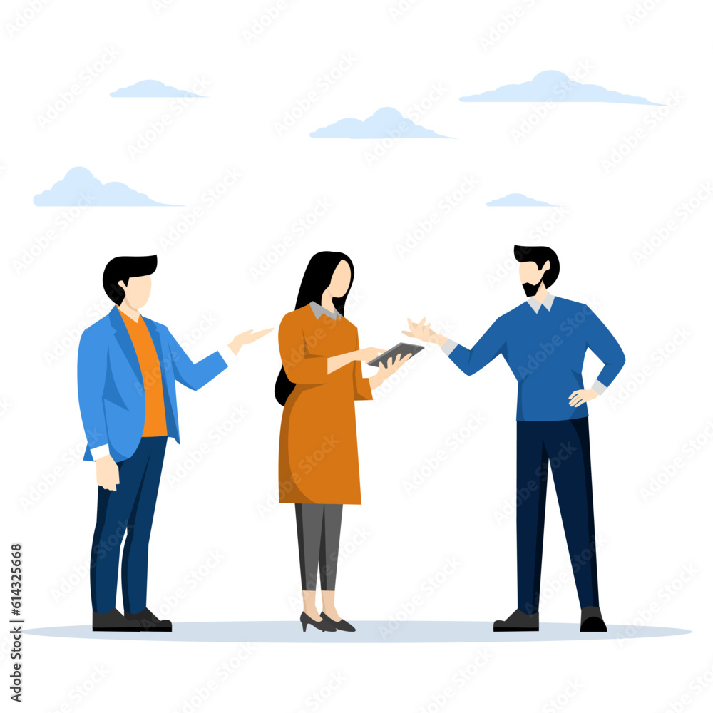 Discussion concept, company people support dialogue, communication vector, Friends telling each other latest news. Exchange of information, flat style vector illustration on a white background.