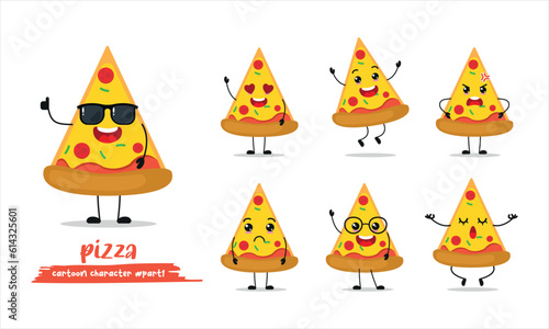 cute slice of pizza cartoon with many expressions. different activity pose vector illustration flat design set with sunglasses.