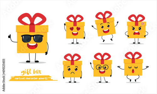 cute gift box cartoon with many expressions. different activity pose vector illustration flat design set with sunglasses.