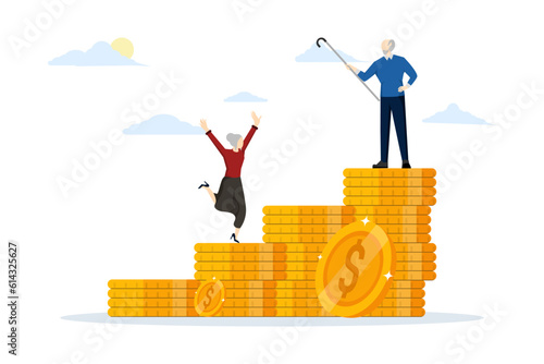 concept of wealth planning and cost of living after retirement, retirement savings or retirement fund investment, old man and woman walking on pile of growth savings coins. flat vector illustration.