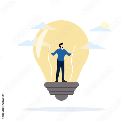 Businessman or leader repairing giant light bulb. Generate ideas for business processes and solutions. Leaders who face problems to find solutions for the organization. flat vector illustration.