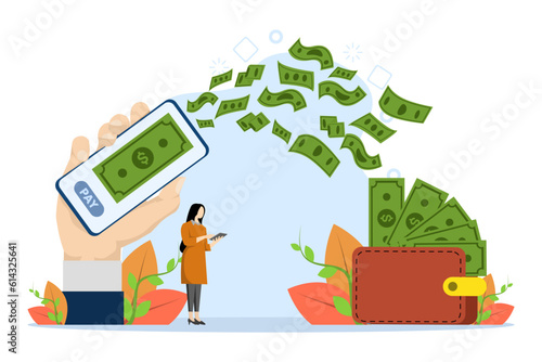 People transfer money from smartphone to wallet. send and receive money wirelessly with a cell phone. Hand holding smart phone with dollar bills. Flat vector illustration isolated on white background.