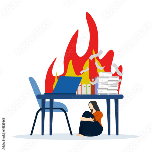 Burning syndrome. low work efficiency. emotional exhaustion This is the result of excessive work stress. Lack of motivation to work leads to depression. employees sitting under the table. vector.