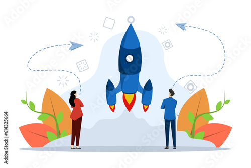 Start Up Idea Concept, Showing workspace building rocket like startup company, Suitable for landing page, ui, web, app intro card, editorial, flyer and banner. flat vector illustration.