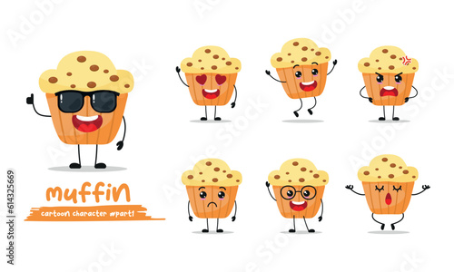 cute muffin cartoon with many expressions. different activity pose vector illustration flat design set with sunglasses.

