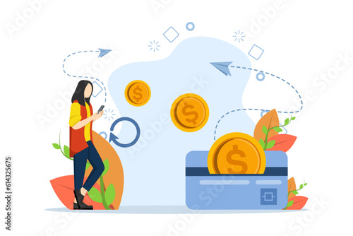 Money transfer concept, e-commerce, savings account. Woman getting cash back via payment card. Online cashback and money back service. Vector illustration in flat design for web banners and apps.