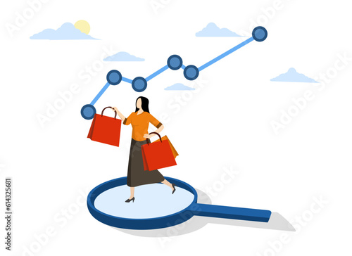 Customer insight, optimization of customer experience concept, information from consumer behavior or travel analysis, happy female consumer holding full shopping bags on magnifying glass analysis.