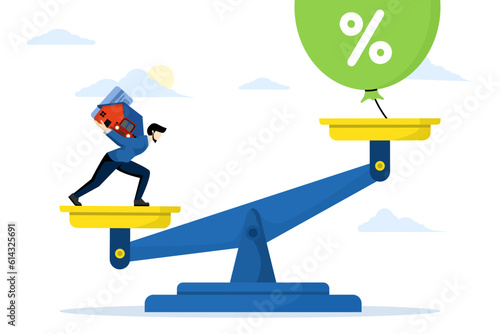 Debt inflation. Raising interest rates increases household debt. Hot air balloon tied on a seesaw. Floating interest ceiling. Businessman carrying heavy burden of debt vector.