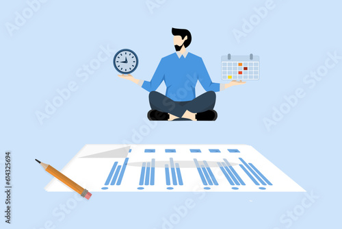 time management to increase productivity, Self-discipline or self-control to get work done or achieve business targets, entrepreneurs meditate balancing clocks and calendars on completed task papers.