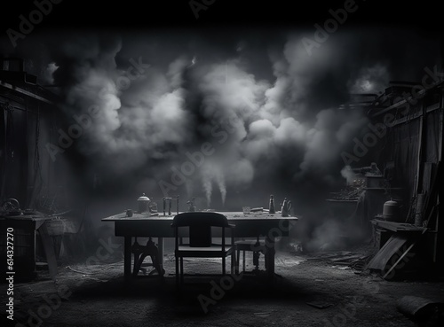 table and chairs in the dark with huge dark smoke ,clouds and dark horror environment and in the center there are chair and table