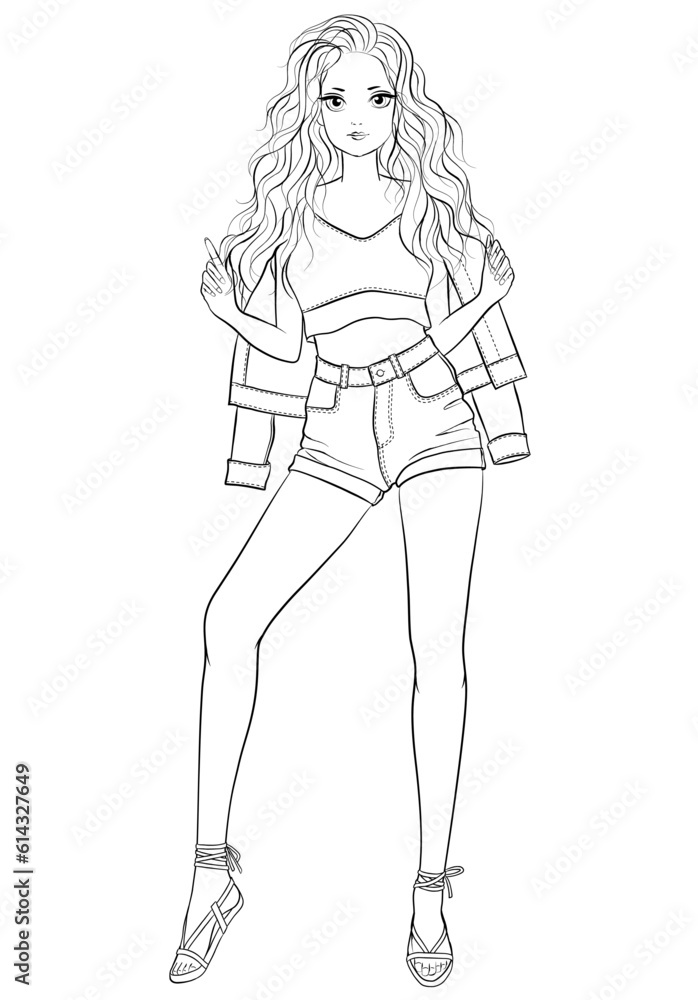 Fashion coloring book page girl in a casual outfit