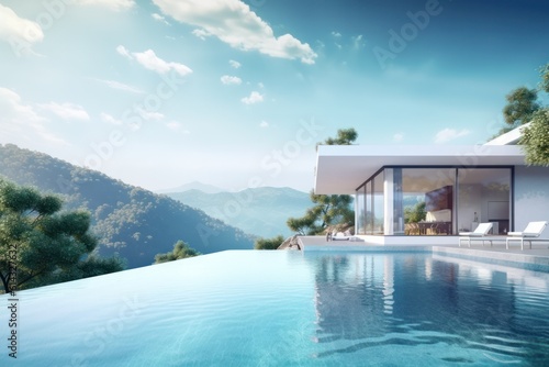 Fototapete Infinity pool overlooking mountain landscape, luxurious modern house