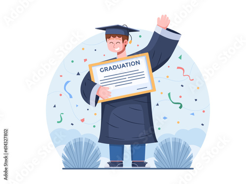 A vector illustration of people happily celebrating their graduation and holding their graduation certificates. Cheerful graduates people.
Perfect for greeting card, postcard, landing page, web.