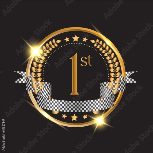 gold emblem with first order and racing flag. the logo for the first place winner of the race