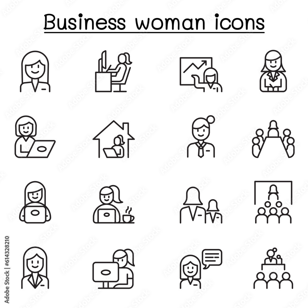 Business woman icon set in thin line style Business woman icon set in thin line style