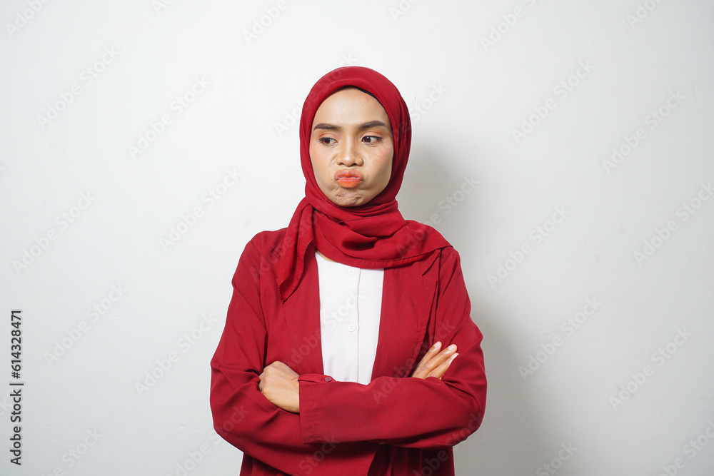 Asian business Muslim woman in red casual with disappointed face Asian business Muslim woman in red casual with disappointed face