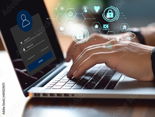 Cybersecurity Zero Trust Network Access concept. Man typing on keyboard. Login page on laptop screen. Identity governance administration..