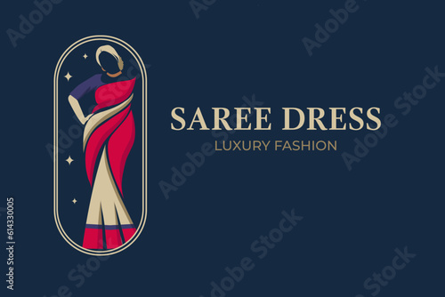 saree fashion dress logo with woman figure wearing saree dress design perfect for boutique , shop, fashion brand etc