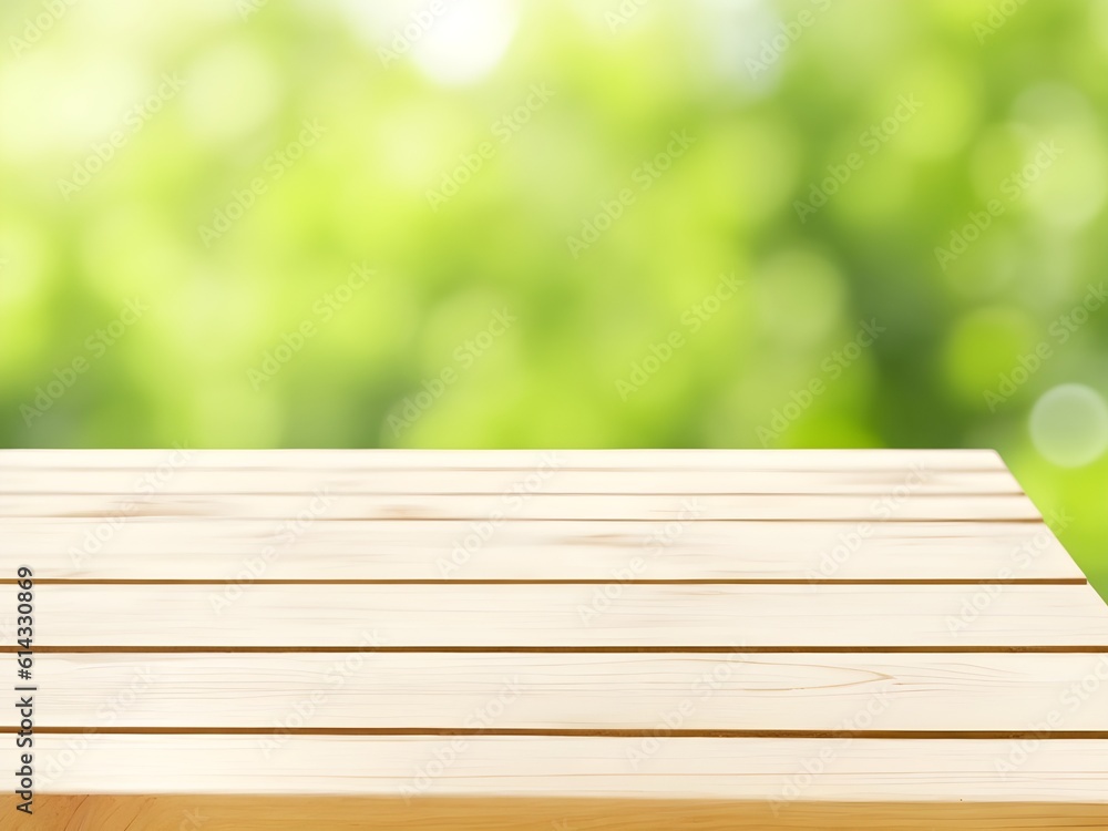 Tabletop made of wooden strips with a green blurry background at the back Tabletop made of wooden strips with a green blurry background at the back