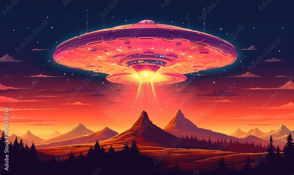 Unidentified Flying Object UFO Illustration, Alien Plate Hovering Over Background. Generative Ai Unidentified Flying Object UFO Illustration, Alien Plate Hovering Over Background. Generative Ai