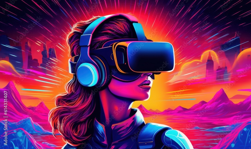 Woman with VR Headset Exploring the Metaverse, Virtual Reality Glasses of Modern Technology. Generative Ai Woman with VR Headset Exploring the Metaverse, Virtual Reality Glasses of Modern Technology. Generative Ai