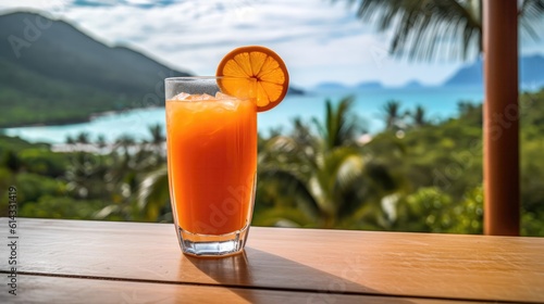 Brilliant Orange Drink On A Wooden Table Backdrop Of The Bergue Thailand Cafe. Generative AI