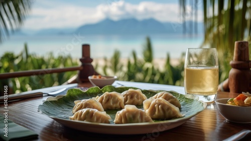Dumplings Jiaozi On A Wooden Table Backdrop Of The Bergue Thailand Cafe. Generative AI