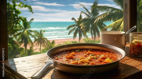 Menemen On A Wooden Table Backdrop Of The Bergue Thailand Cafe. Generative AI