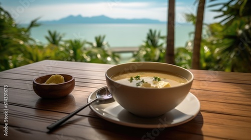 Miso Soup On A Wooden Table Backdrop Of The Bergue Thailand Cafe. Generative AI