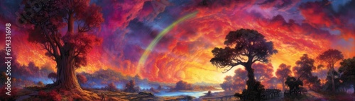 Nightfall A Vibrant Rainbow Emerging As The Sun Sets Against The Darkening Sky. Generative AI © Ян Заболотний