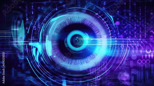Biometric Authentication Eye Scanning Big Data Cybersecurity Blue Purple Black. Generative AI